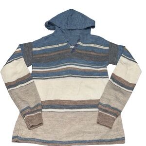 Cozy Striped Knit Wool Hoodie Sweater Blue Beige Cream Boho Pullover Small